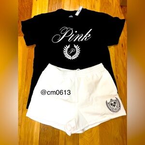VS PINK BEVERLY HILLS OUTFIT WHITE SHORTS AND OVERSIZED BLACK TEE W/ WHITE LOGO